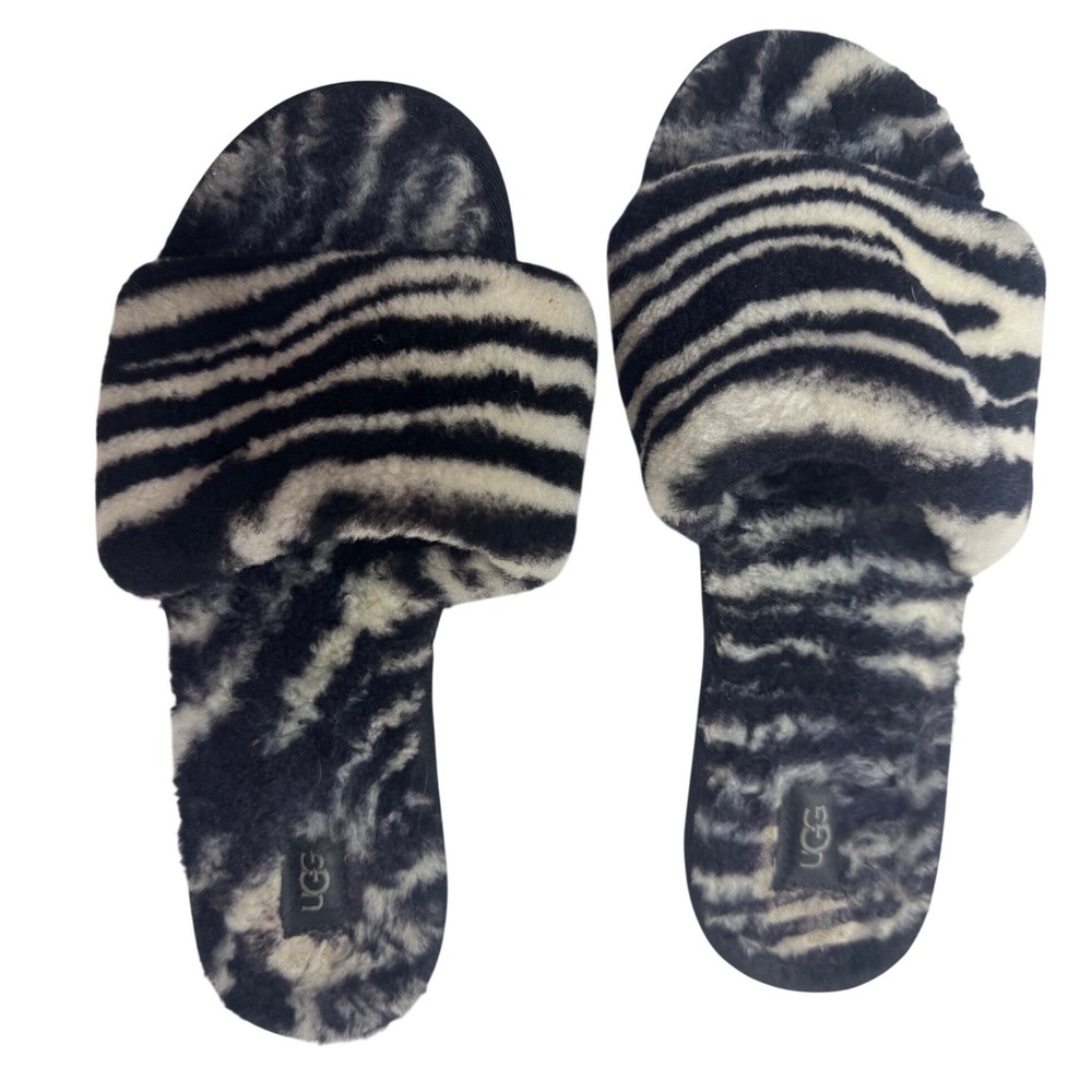UGG Cozette Zebra Print Slides Black White Sheepskin Slippers Womens 9
